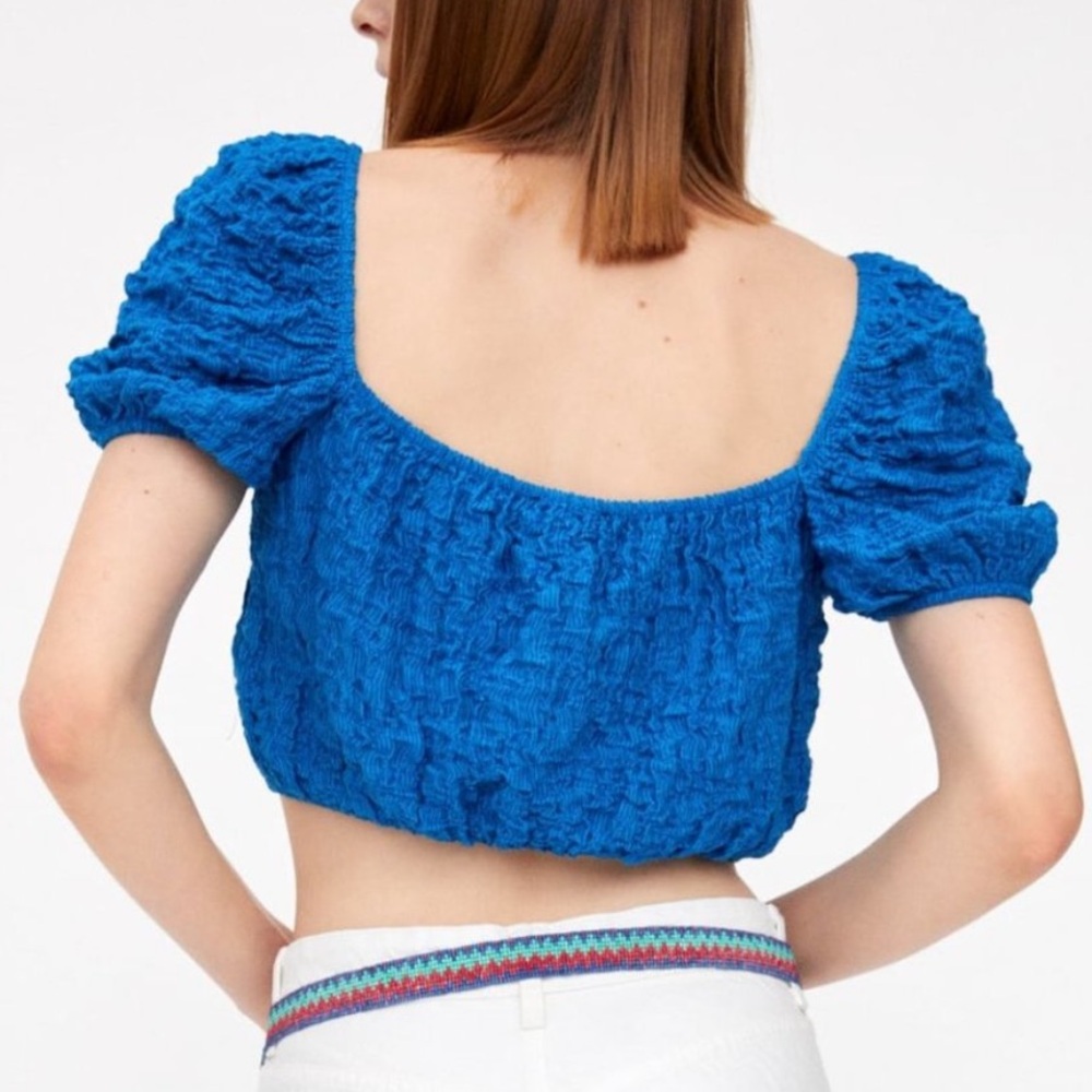 Zara Balloon Puff Sleeve Electric Blue Textured Crop Top Women’s Size S - Picture 2 of 9